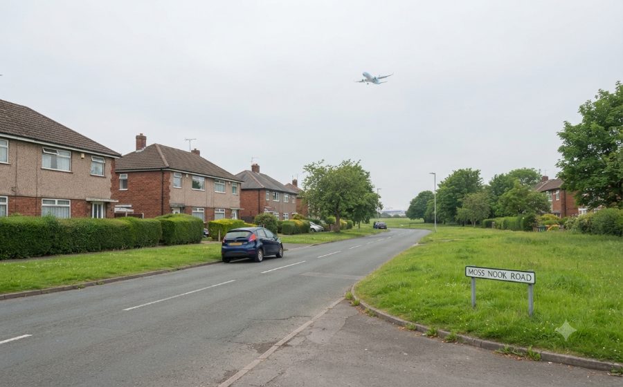 A wide, quiet estate road at Moss Nook near the airport, with an aircraft climbing away overhead