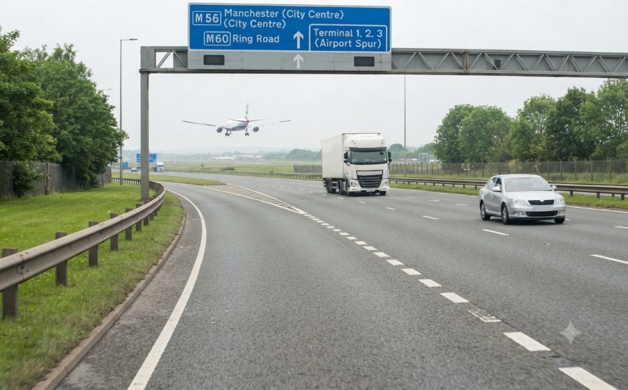 The airport spur joining the M56, with an overhead gantry sign for Manchester city centre and the terminals, and an aircraft coming in to land