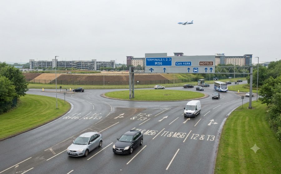 A multi-lane roundabout on the Manchester Airport approach roads, with overhead signs for the terminals and the M56 and lane markings painted on the carriageway