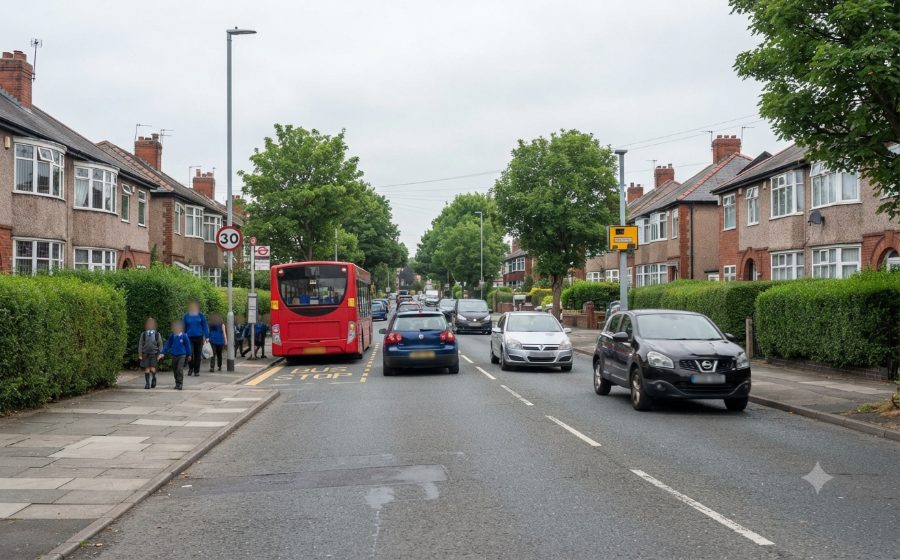 A busy 30 mph suburban road near the airport with a bus at a stop, a speed camera and school children on the pavement