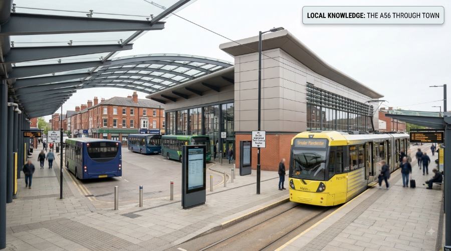 Altrincham Interchange with trams and buses