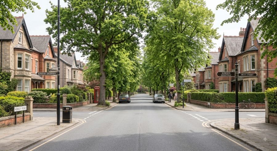 A broad tree-lined residential avenue in Hale