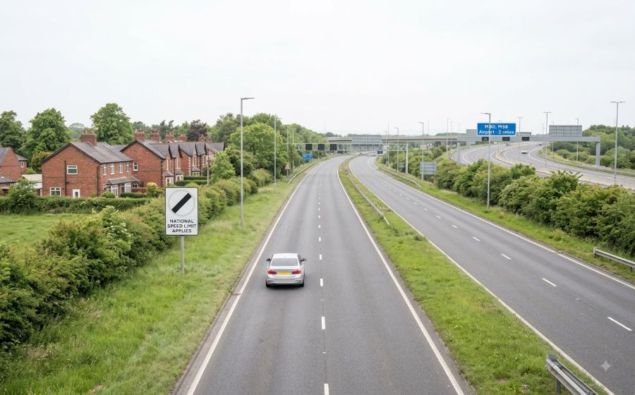 The faster road out through Hale Barns towards the M56