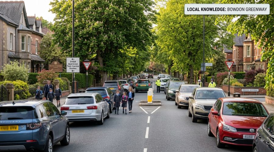 A Hale street at school-run time with parked cars