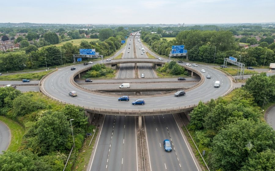 The M60 junction 5 interchange where Princess Parkway crosses the motorway, with slip roads and overhead direction signs