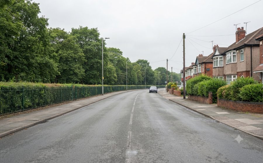 A wide, quiet road running alongside Wythenshawe Park, with railings and mature trees on one side and houses on the other
