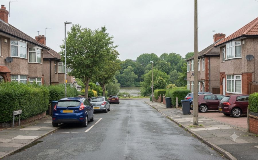 A quiet residential street in Northenden sloping down towards the trees along the River Mersey
