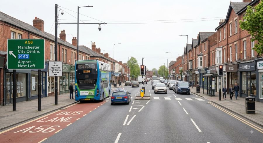 Washway Road in Sale with multiple lanes and shops