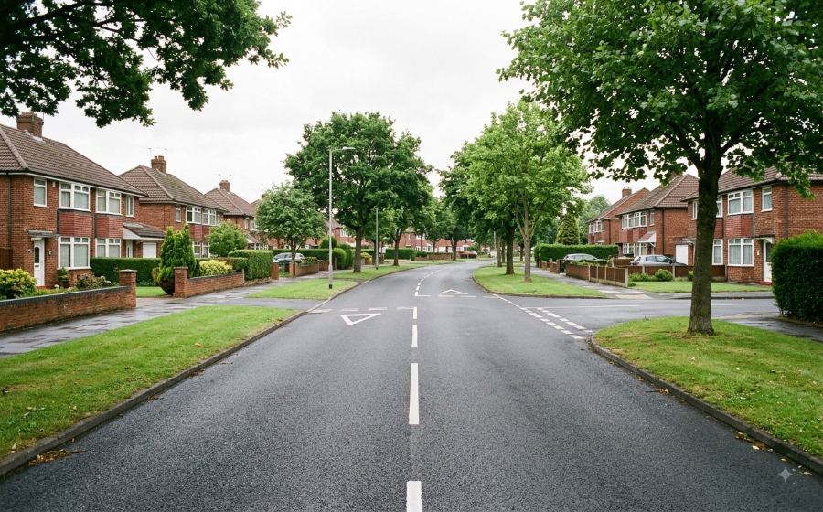 Wide, quiet estate roads in Wythenshawe