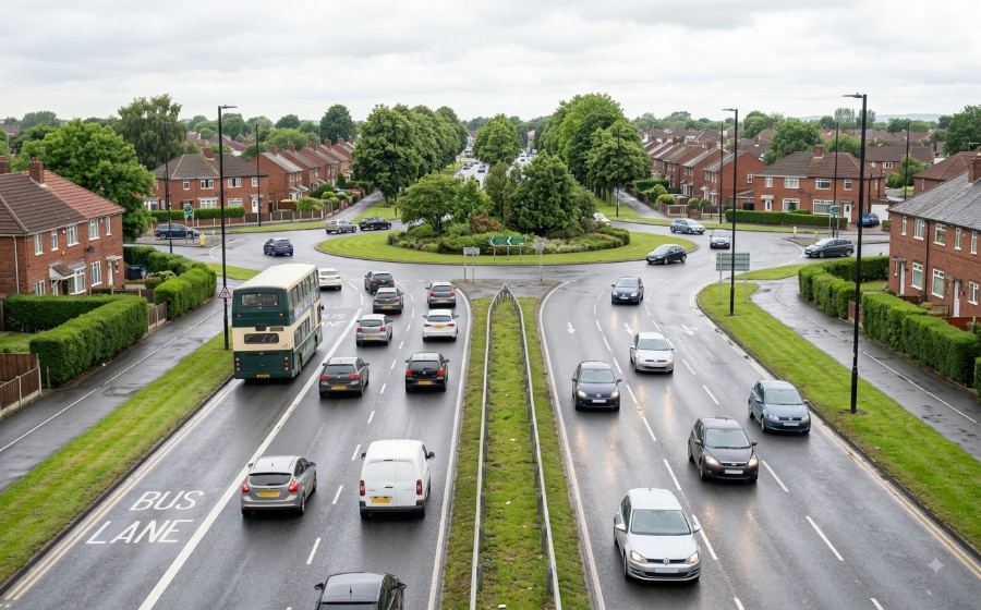 Simonsway with bus lanes and roundabouts